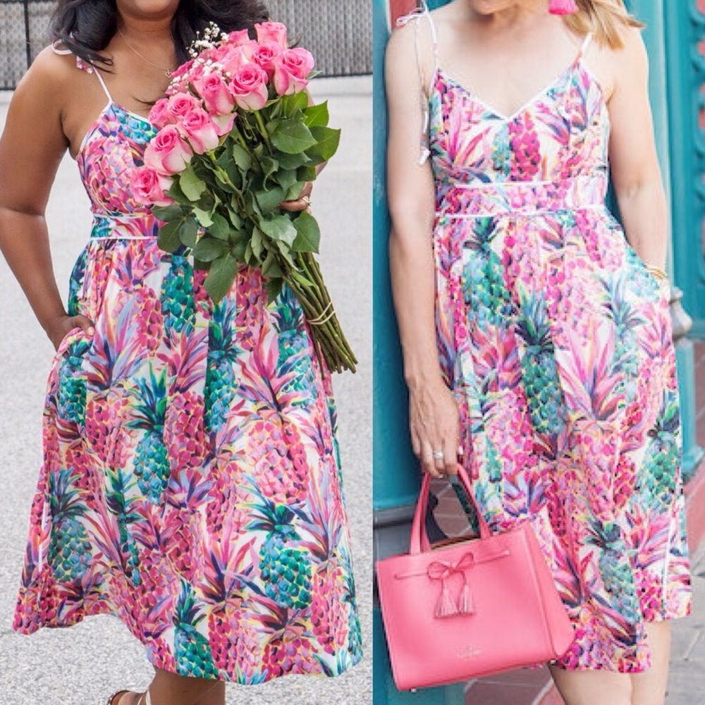 J. Crew Cotton Sleeveless Midi Dress Ratti Painted Pineapple Pink Tropical Aloha